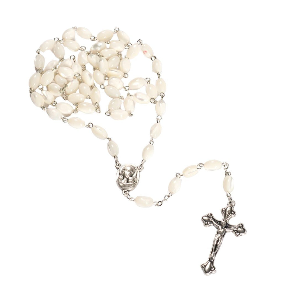 Rosenkranz mit ovalen Perlmuttperlen (55 cm) | Elegante Gebetskette mit Kreuz als Geschenk zur Taufe, Kommunion & Firmung