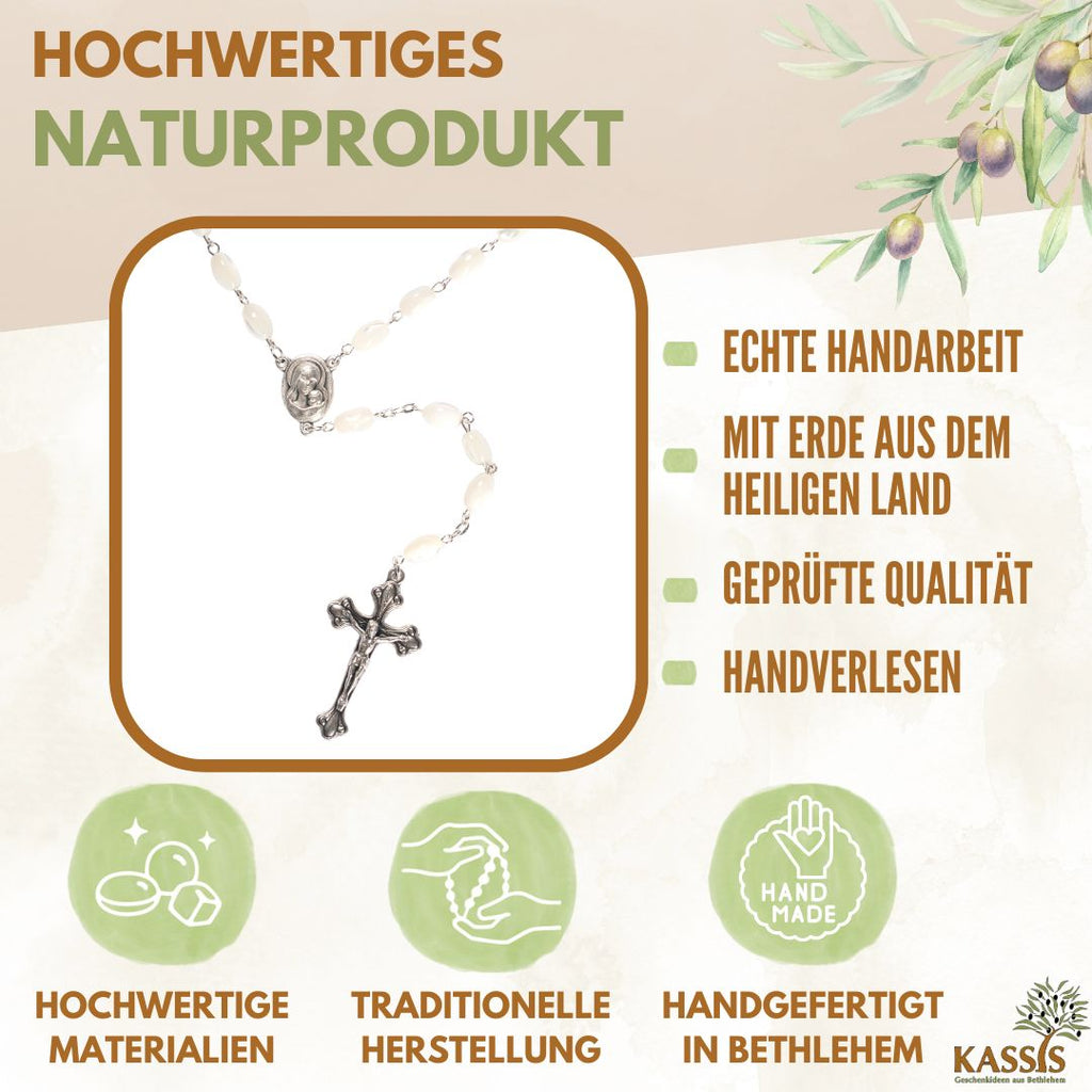 Rosenkranz mit ovalen Perlmuttperlen (55 cm) | Elegante Gebetskette mit Kreuz als Geschenk zur Taufe, Kommunion & Firmung