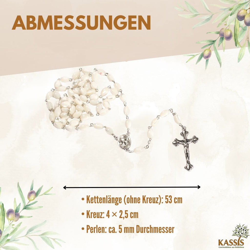 Rosenkranz mit ovalen Perlmuttperlen (55 cm) | Elegante Gebetskette mit Kreuz als Geschenk zur Taufe, Kommunion & Firmung