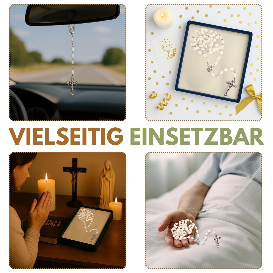 Rosenkranz mit ovalen Perlmuttperlen (55 cm) | Elegante Gebetskette mit Kreuz als Geschenk zur Taufe, Kommunion & Firmung