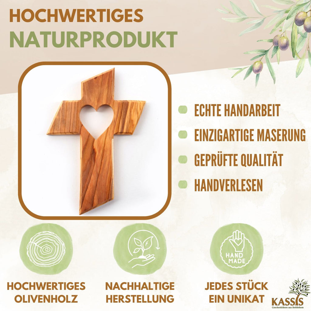 Olive wood wall cross with heart
