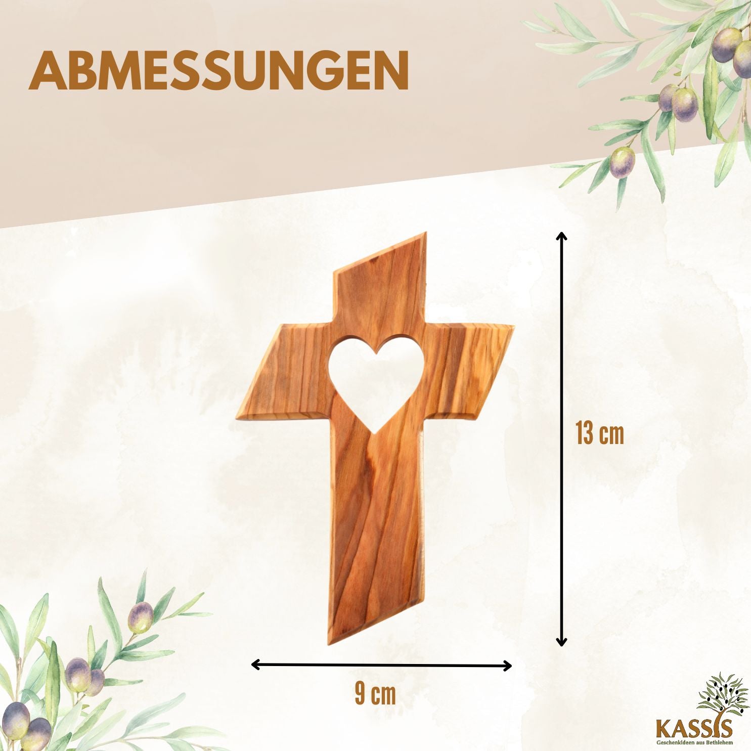 Olive wood wall cross with heart